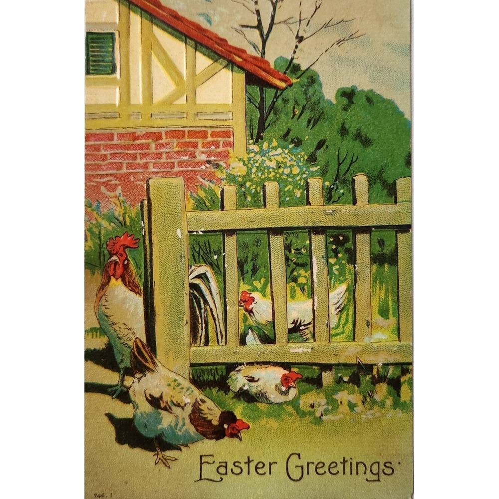 Rooster Chicken Easter Greetings Fenced Farmhouse Embossed Postcard